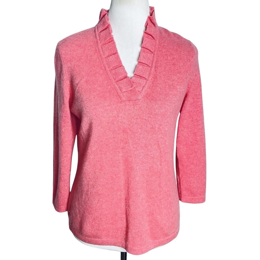 Cashmere by Charter Club Ruffle V Neck  Pink  Sweater Coquette Romantic M